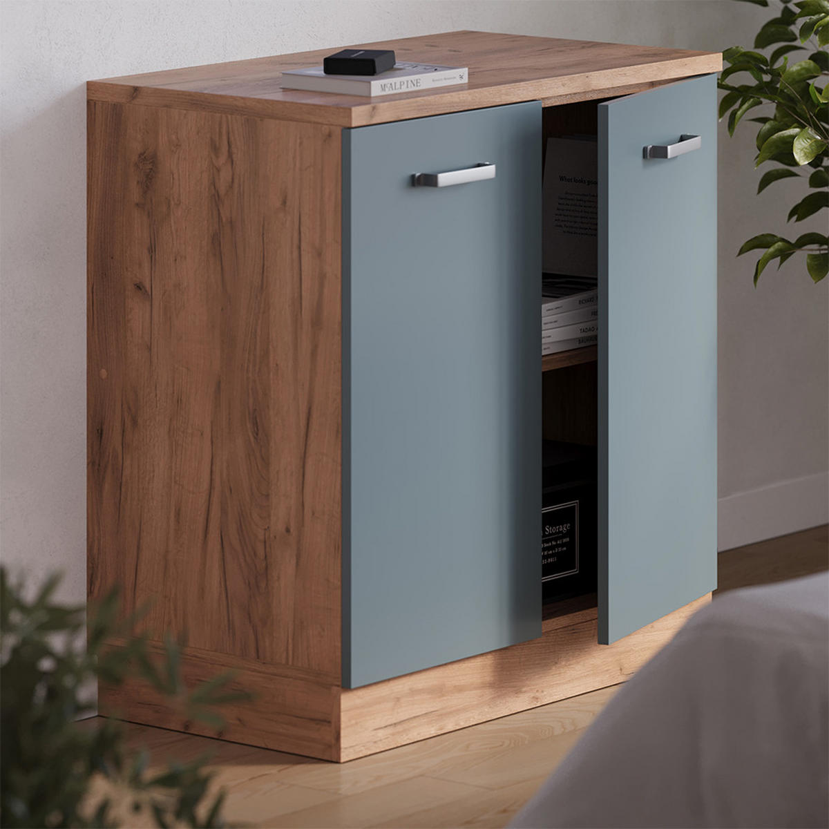 KUHINJSKA OMARA ZA POŠEVNE STREHE R-Line, Modro-siva, 80 cm brez naklona z 2 vrati - medeni hrast/modrosiva, leseni material (80/83.8/46cm) - Vicco