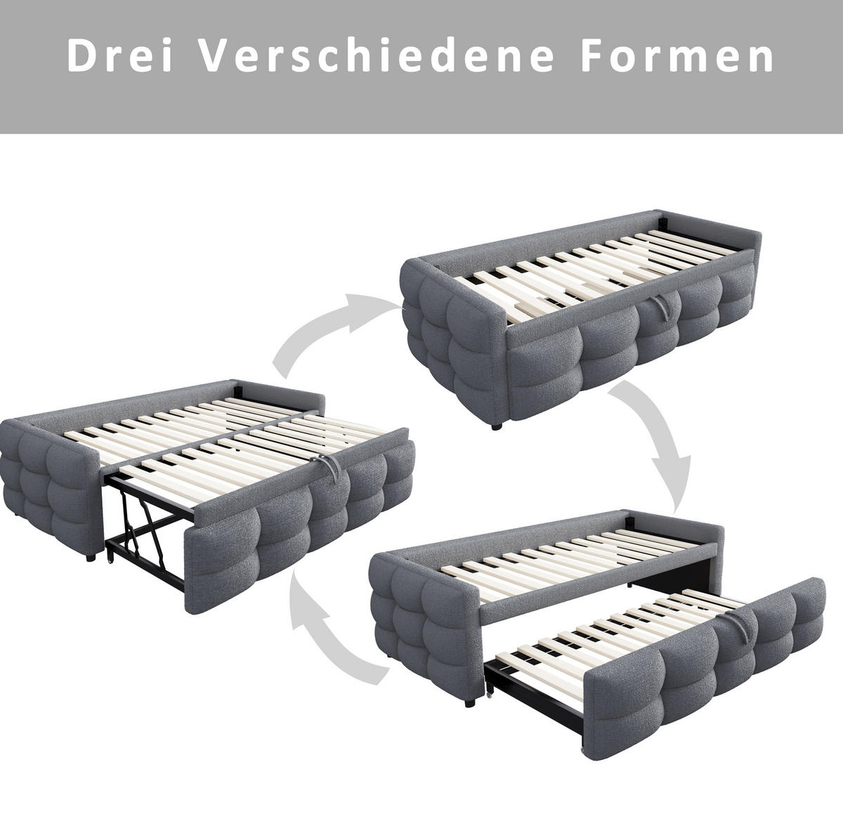 POLSTERBETT 90/180/190 cm Grau aus Teddy-Samtstoff mit Ausziehfunktion - Grau, Textil (90/190cm) - OKMYHOME