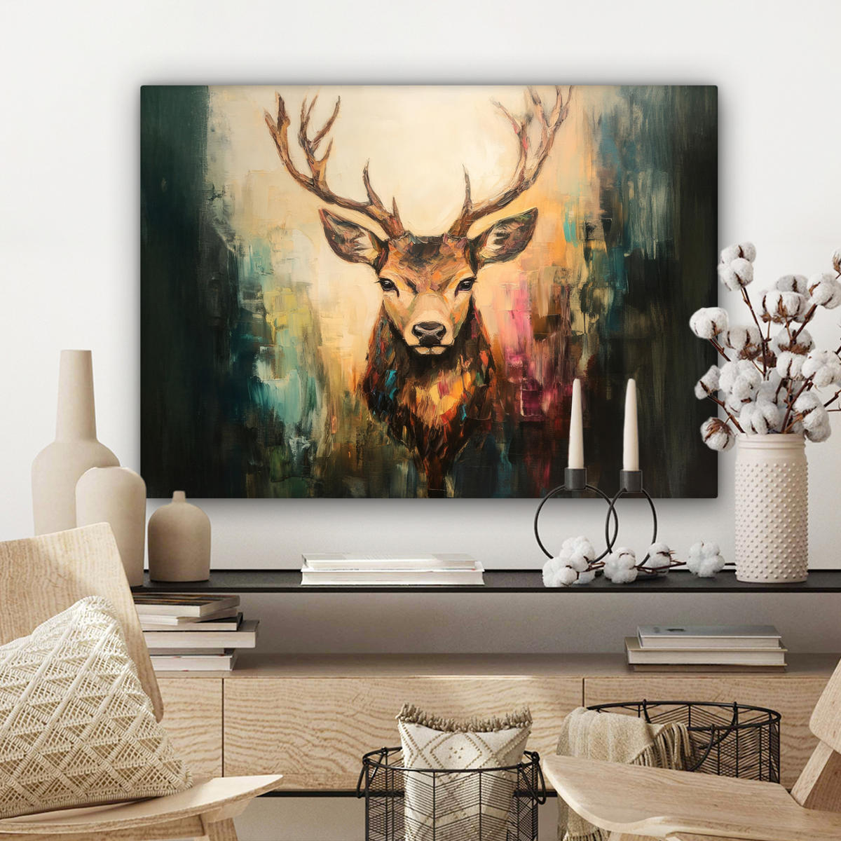 OBRAZ NA PLÁTNĚ Jelen - malovaný - paroží - hnědé 80x60 cm - barva lískového ořechu, textil (80/60cm) - MuchoWow