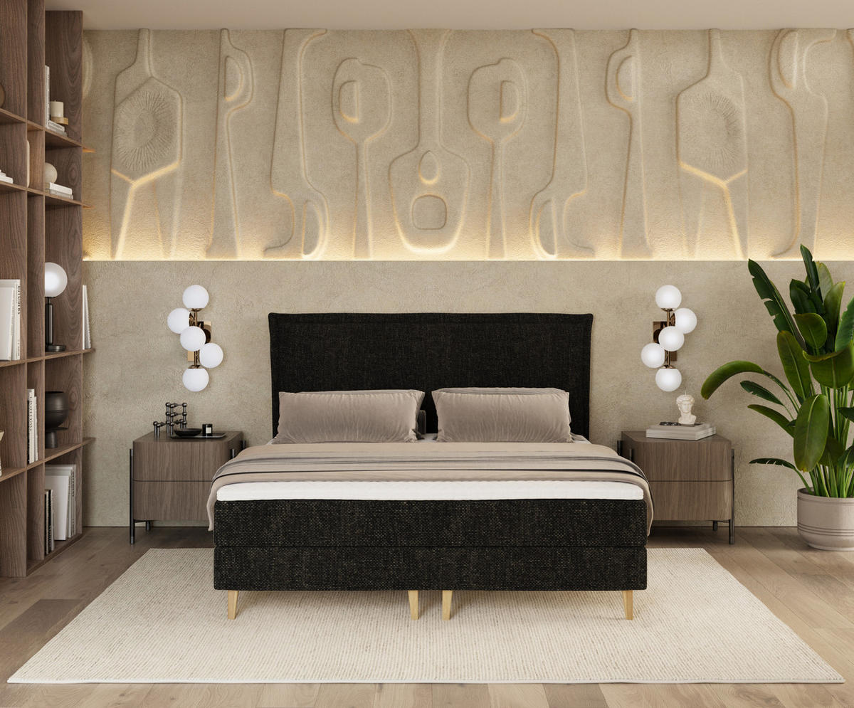 KONTINENTALBETT Calma Schwarz 120/200 cm mit Matratze und Topper - Schwarz/Naturfarben, Holz/Holzwerkstoff (120/200cm) - Maison de Reve