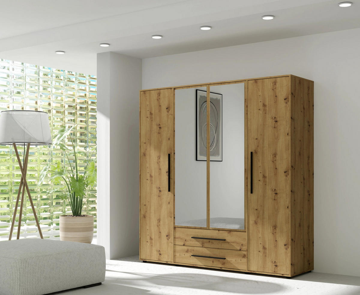 KLEIDERSCHRANK Modena in der Farbe Artisan-Eiche, mit Spiegel, mit Tür, mit Türen und Schubladen - Schwarz/Eiche Artisan, Holzwerkstoff/Kunststoff (200/206/59cm) - Ravio