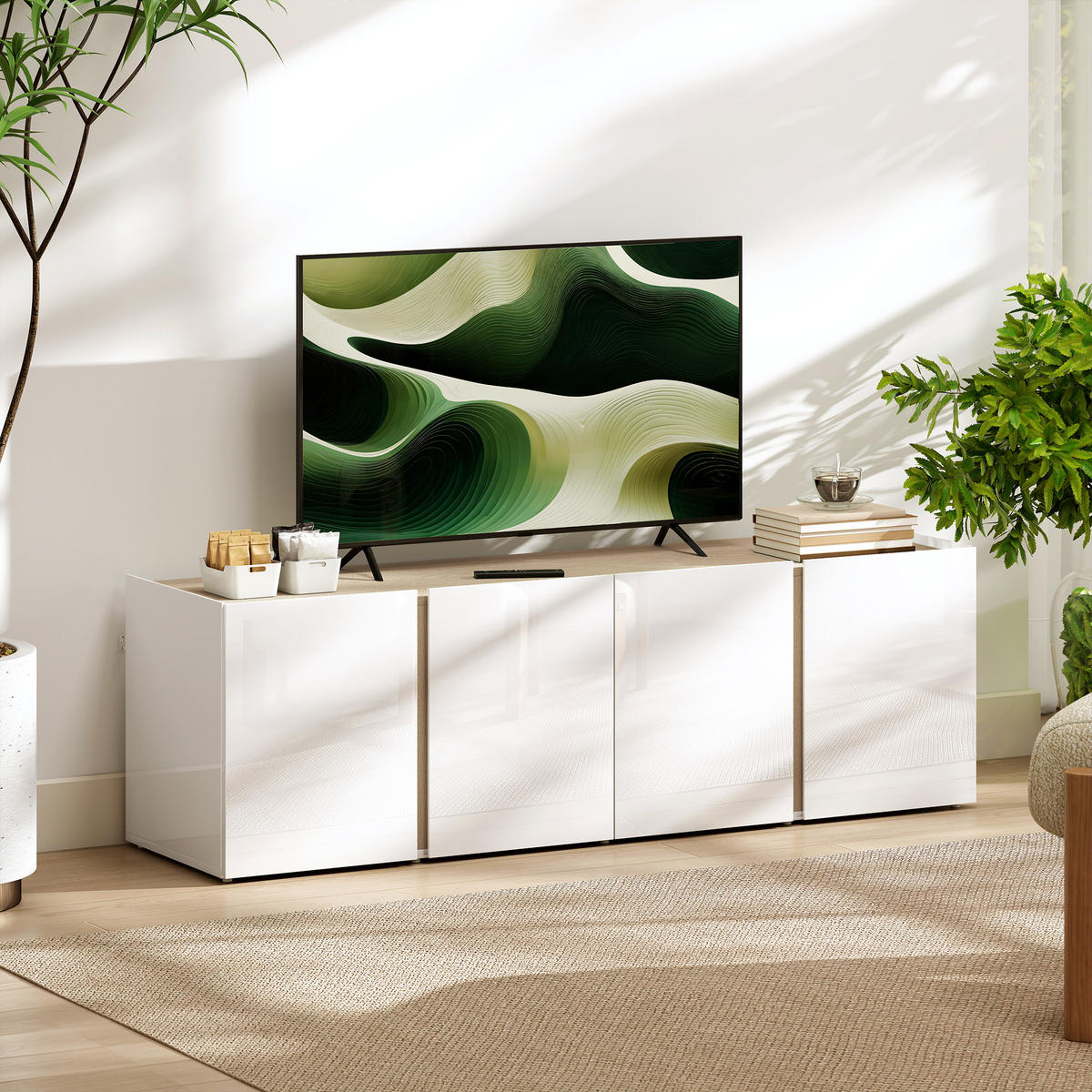 TV Schrank Hochglanz TV Board mit 4 Soft-Close-Türen für Fernseher bis zu 65Zoll - Weiß Hochglanz/Weiß, Holzwerkstoff/Kunststoff (38/45/135cm) - HOMCOM