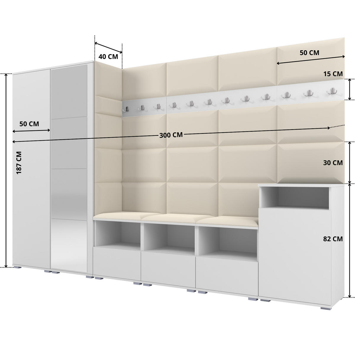 GARDEROBE NELA XII 300 cm (Modulare Flurmöbel Weiß mit Spiegel & Sitzpolster Creme 01 Gigantisches Set) - Silberfarben/Creme, Holz/Holzwerkstoff (300/187/40cm) - Ravio