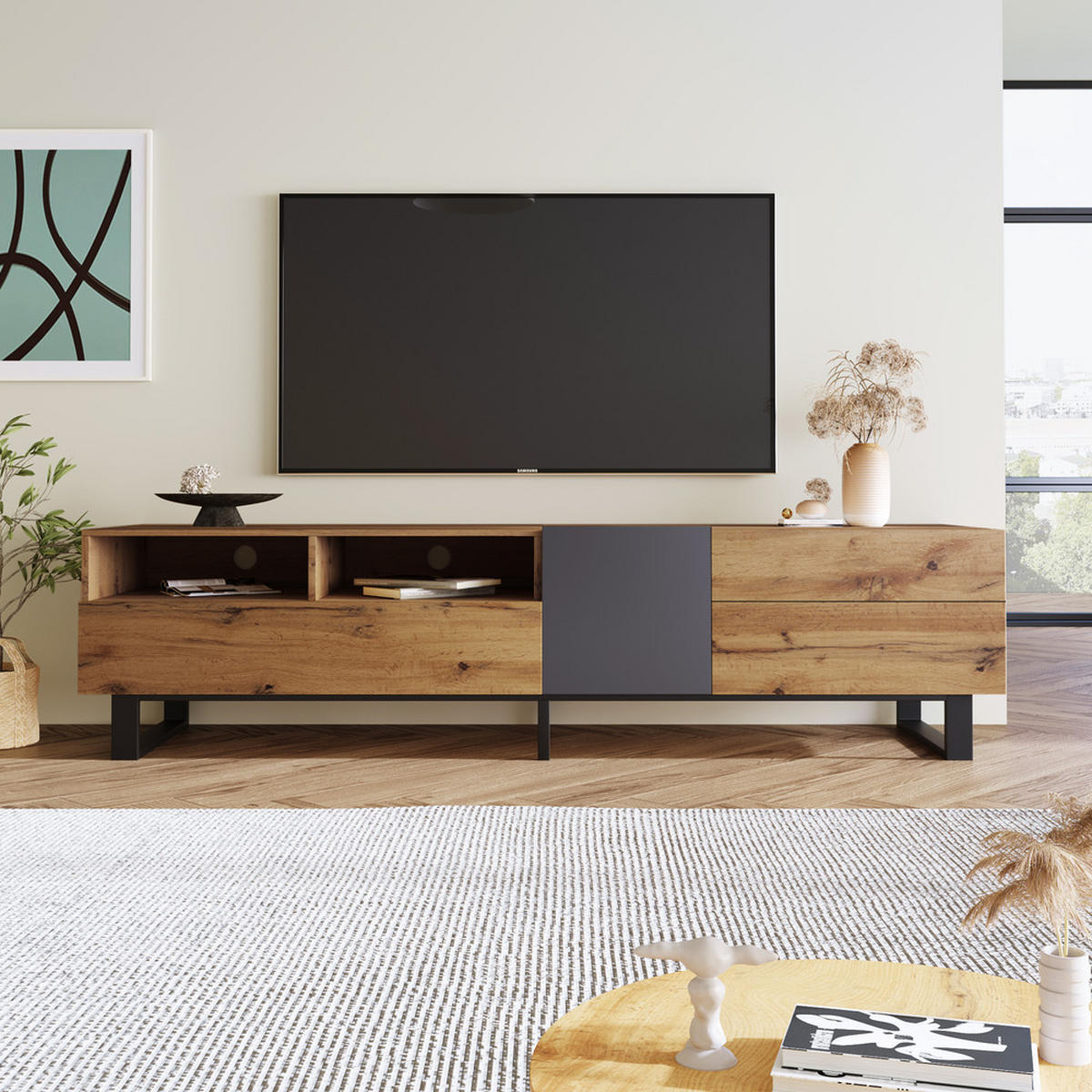 MODERNER Colorblocking-TV-Schrank TV-Schrank mit Holzmaserung 180cm.Black + Black+Grey + MDF + 50-59 inches - Schwarz, Holz (38/50/180cm) - FLIEKS