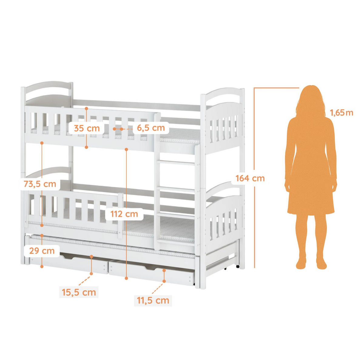 ETAGENBETT 90x200 cm mit Ausziehbett, zwei Schubladen & drei Matratzen in Weiß - Weiß, Holz (90/200cm) - Kids Collective