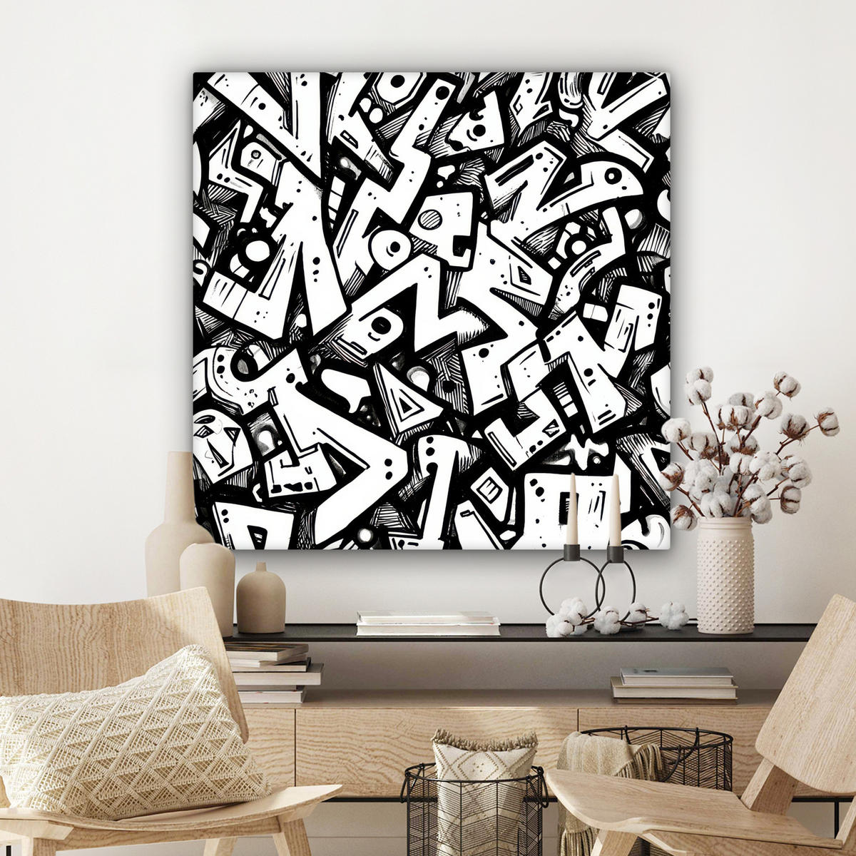 LEINWANDBILD Formen - Buchstaben - Graffiti - Schwarz Deko Groß 90x90 cm - Schwarz, Textil (90/90cm) - MuchoWow