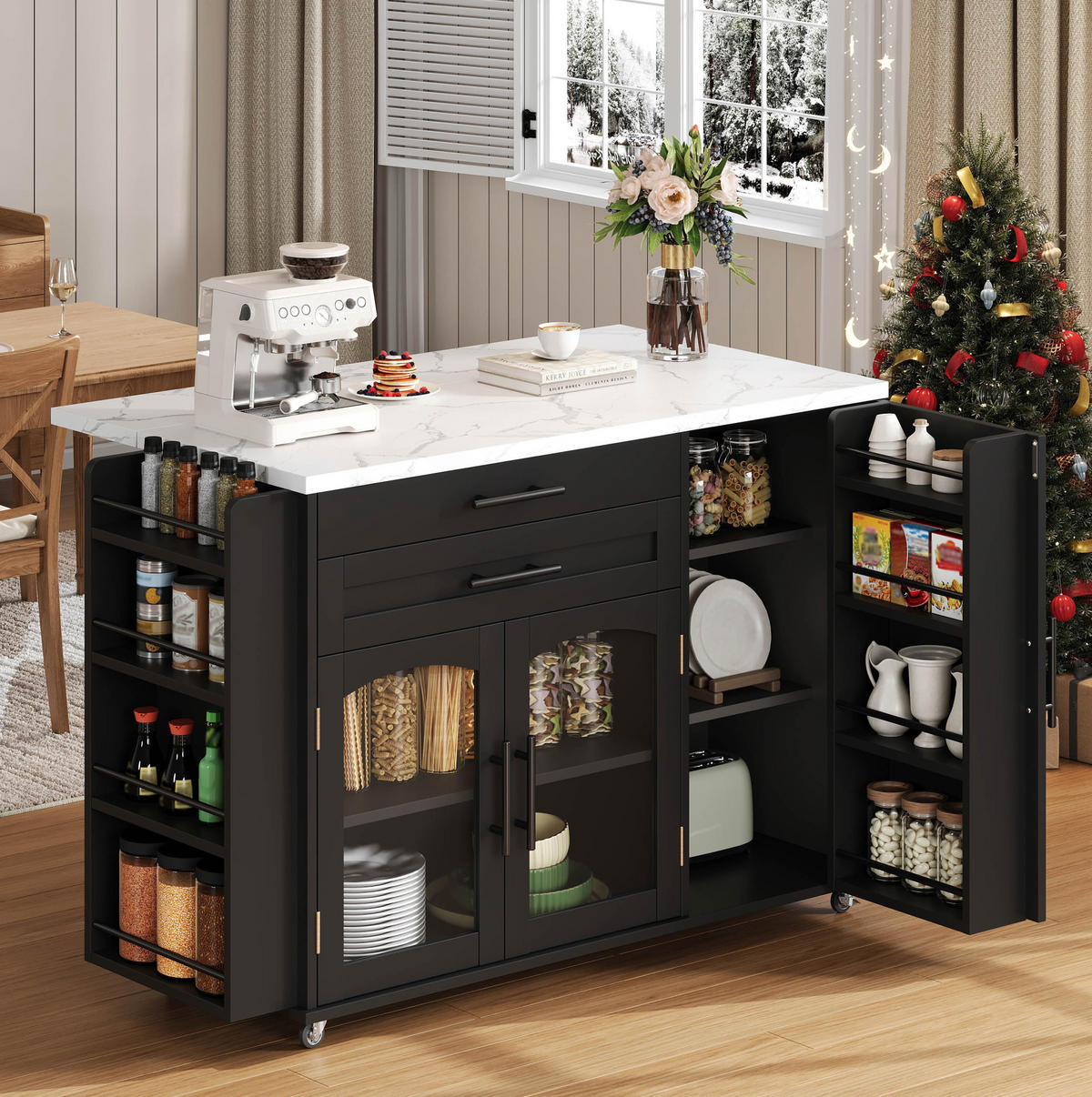 KÜCHENINSEL 120/90/45 cm Schwarz aus MDF mit klappbarer Tischplatte - Schwarz, Holzwerkstoff (70/90/138cm) - OKMYHOME