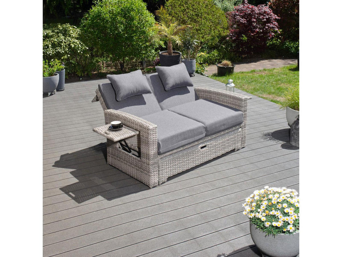 GARTEN-MULTIFUNKTIONSSOFA Sunny Grau Polyrattan ausklappbar für 2 Personen - Grau, Kunststoff (80/175/120cm) - Green Spirit