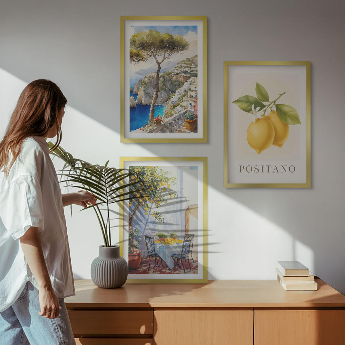 BILDER SET 3er Set - 40x60 cm Goldrahmen - Ansichten von Positano mit Zitronen - Goldfarben, Kunststoff (40/60cm) - TULUP