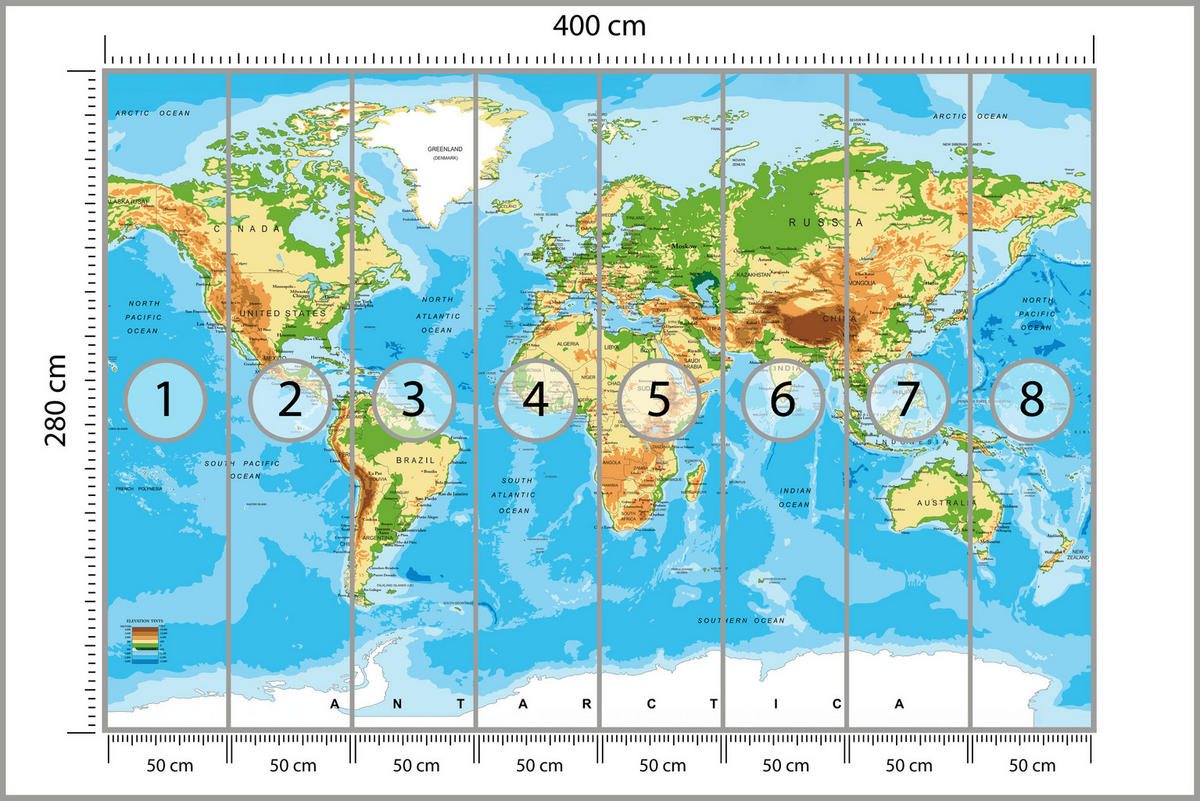 FOTOTAPETE für Wohnzimmer Physische Weltkarte Schriften 400x280 - Blau/Gelb, Papier (400/280cm) - Muralo
