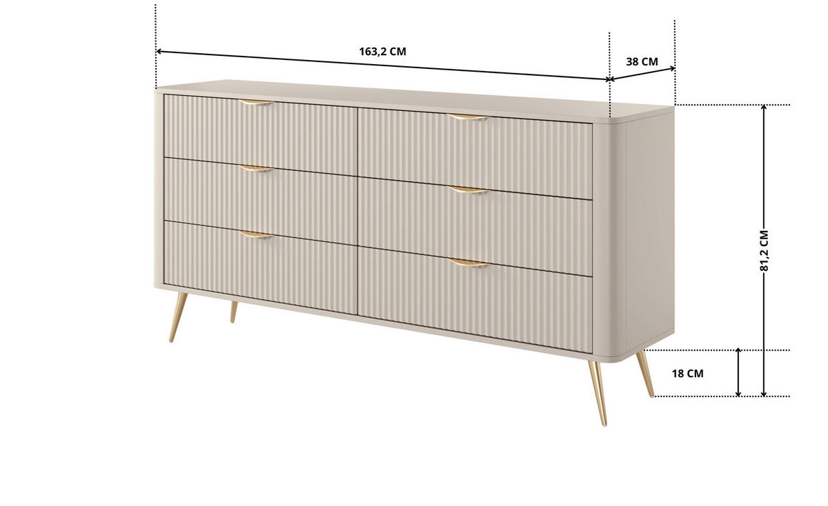 SIDEBOARD Flore 163 cm Beige / Gold - mit 6 Schubladen und Riffel-Optik - Beige/Gelb, Holz/Holzwerkstoff (163/81/38cm) - Ravio