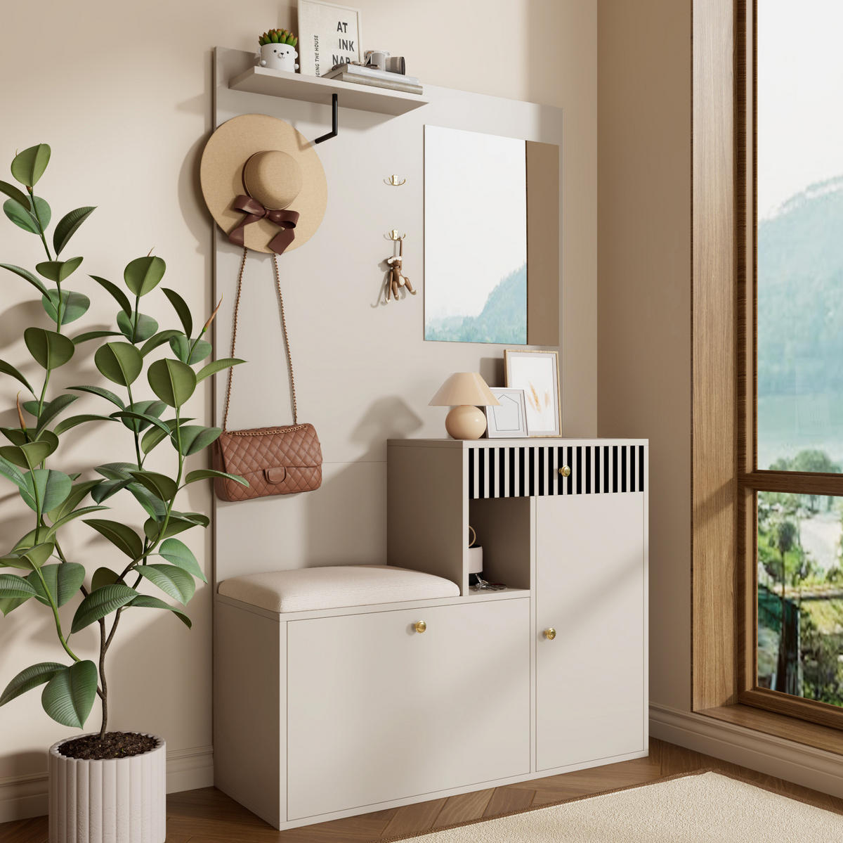 SCHUHSCHRANK aus MDF 110x185,5x37cm in Beige mit Spiegel - Beige, Holzwerkstoff (110/185.5/37cm) - Modfu