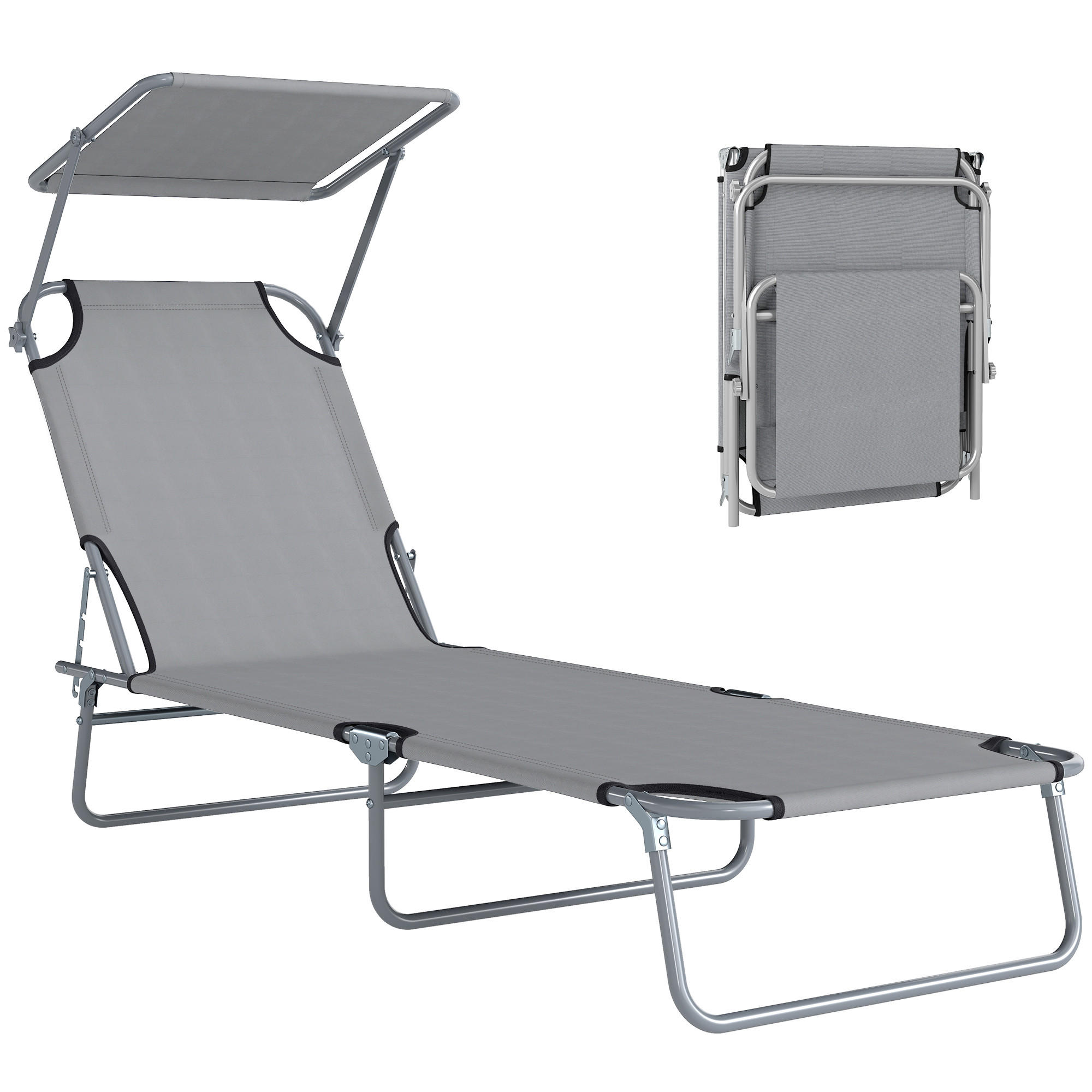 SONNENLIEGE, Gartenliege, Wellnessliege, Strandliege, klappbar, mit Sonnenschutz, 187 x 58 x 36 cm, Grau - Hellgrau, Metall (187/36/58cm)