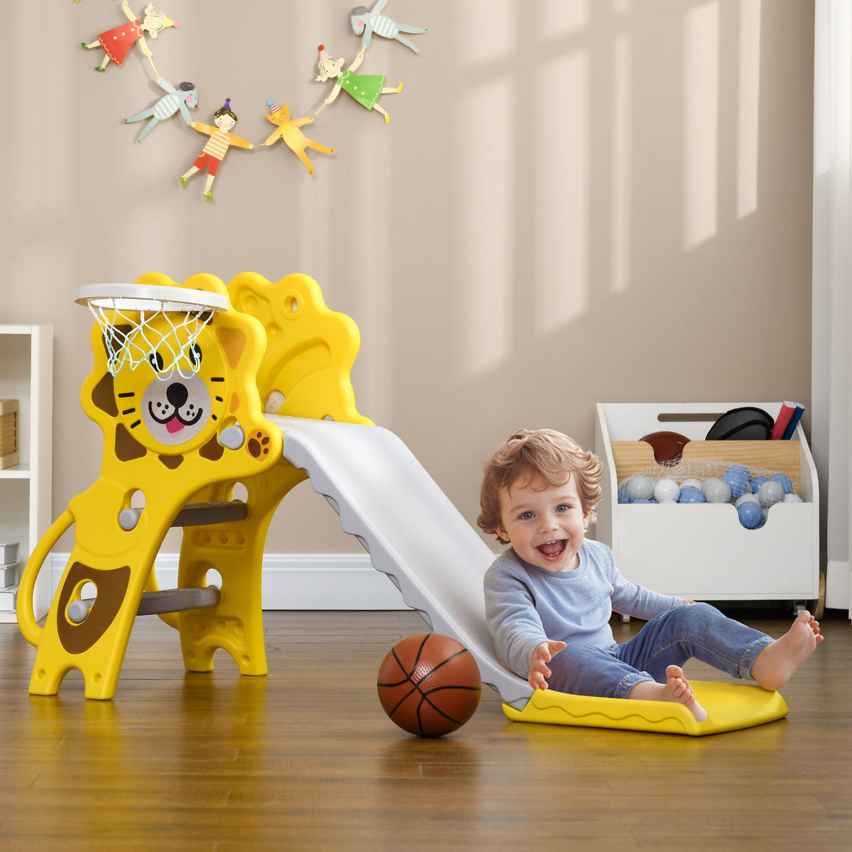 KINDERRUTSCHE DE-17969 3-in-1 mit Basketballkorb, für 18-36 Monate Gelb/Grau - Gelb, Kunststoff (127/187.96/332.74cm) - ComfortXL