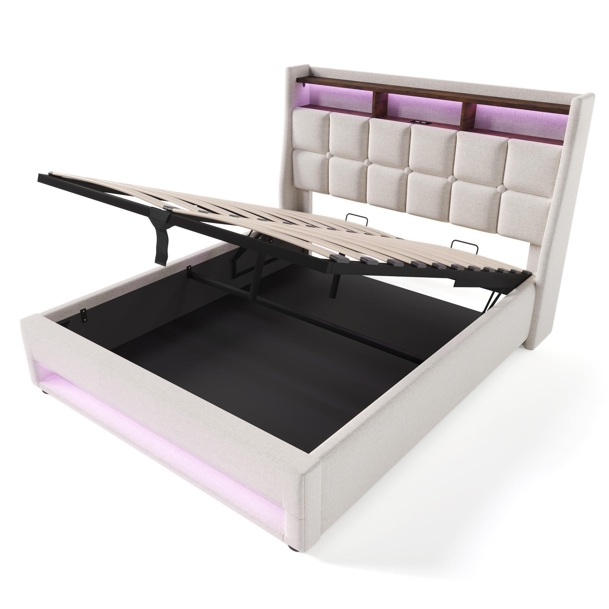 POLSTERBETT mit USB, LED und Bettkasten 140x200 cm Beige inklusive Matratze - Beige, Metall (140/200cm) - Meubliv