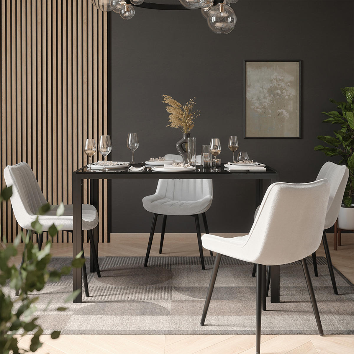 JÍDELNÍ STŮL SESTAVA Grand, Černá, 120 x 70 cm se 4 židlemi (béžové) - černá, sklo (120/74.5/70cm) - Vicco