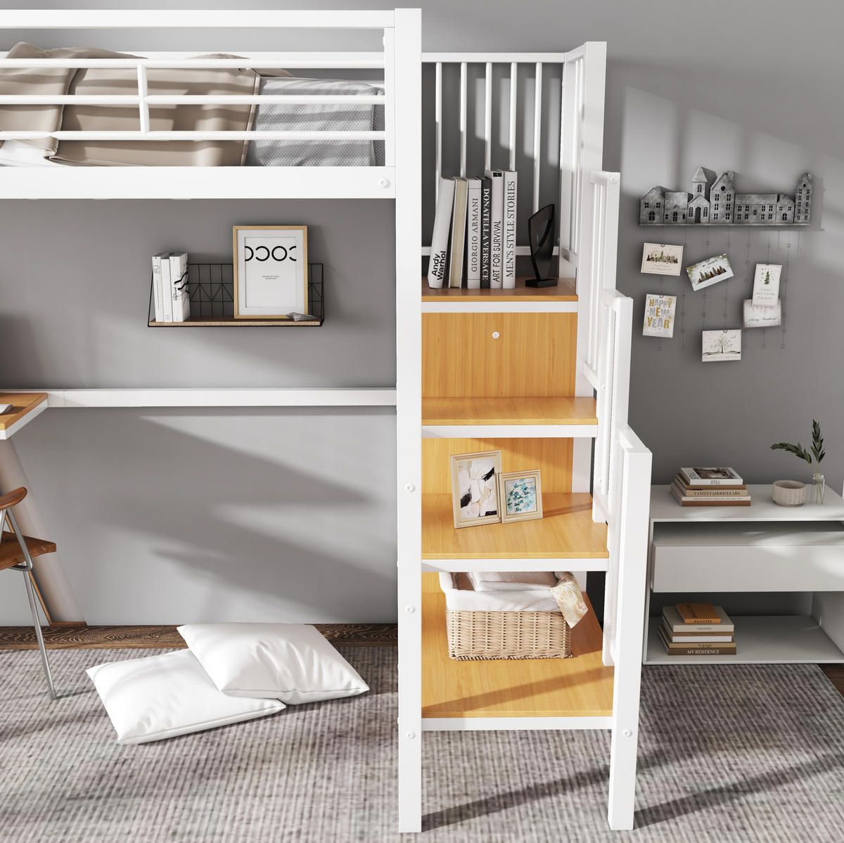HOCHBETT aus Metall und MDF 90x200 cm Weiß/Natur mit Schreibtisch, Kleiderschrank und seitlicher Holztreppe - Weiß, Holzwerkstoff (90/200cm) - Modfu