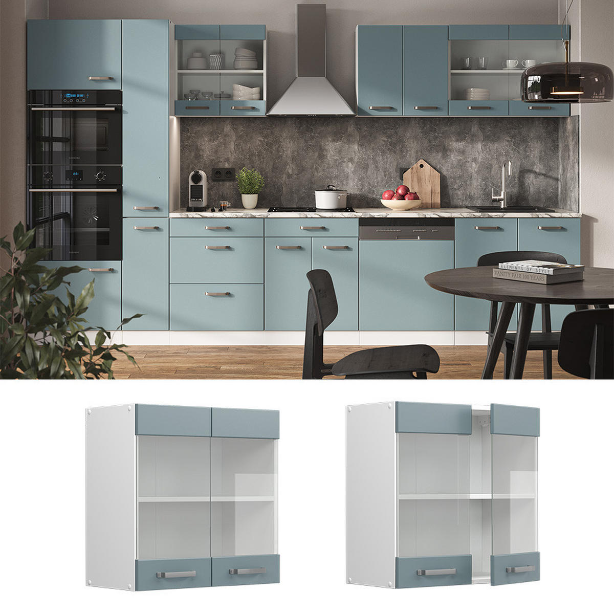 KÜCHENGLASSCHRANK R-Line Blau-Grau 60 cm - Blaugrau/Weiß, Holzwerkstoff (60/60/31cm) - Vicco