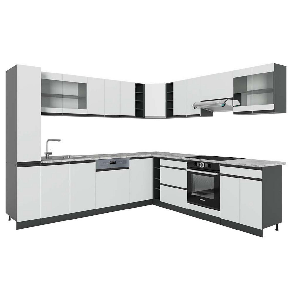 ECKKÜCHE R-Line Weiß/Anthrazit 257 x 277 cm J-Shape, AP Marmor - Anthrazit/Weiß, Holzwerkstoff (277/81.6/60cm) - Vicco