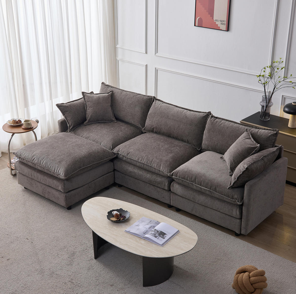 ECKSOFA 3-Sitzer mit Hocker, modulares Chenille-Sofa mit Federkern und abziehbaren Bezügen, Grau - Grau, Textil (267/154cm) - Redom