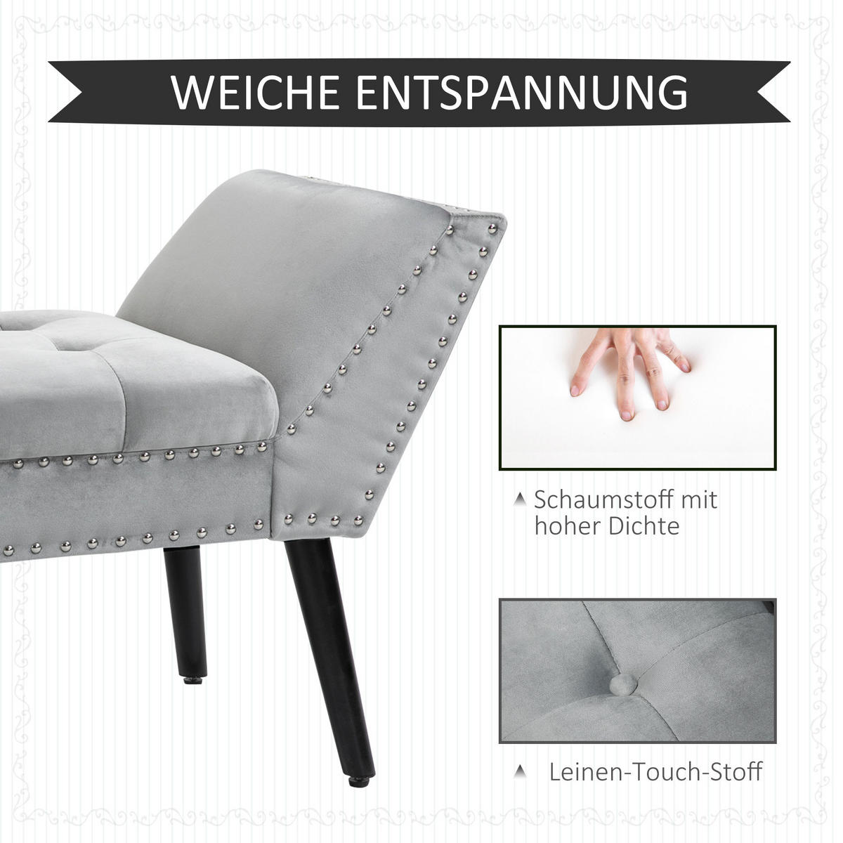 BETTBANK für Schlafzimmer, Wohnzimmer, Flur, Gummiholz, Hellgrau - Hellgrau, Kunststoff (46/56/114cm) - HOMCOM