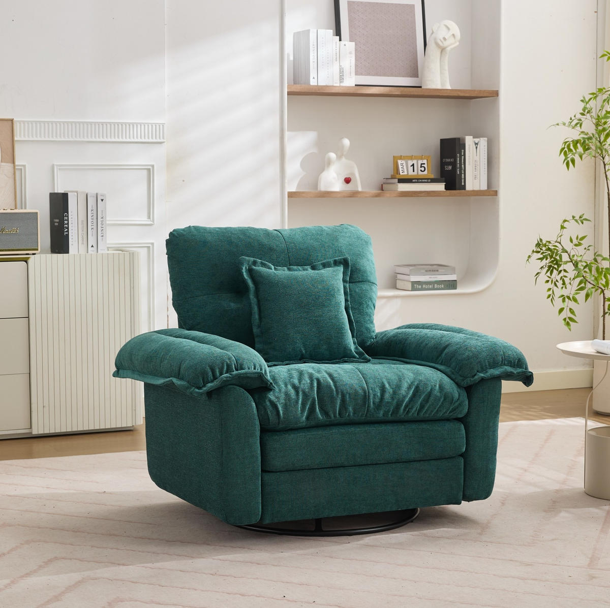 KRESLO z chenille zelenej farby, 360° otočné, oversized, s podporným vankúšom,84/116/96 cm - zelená, textil (84/96/116cm) - BEAOK