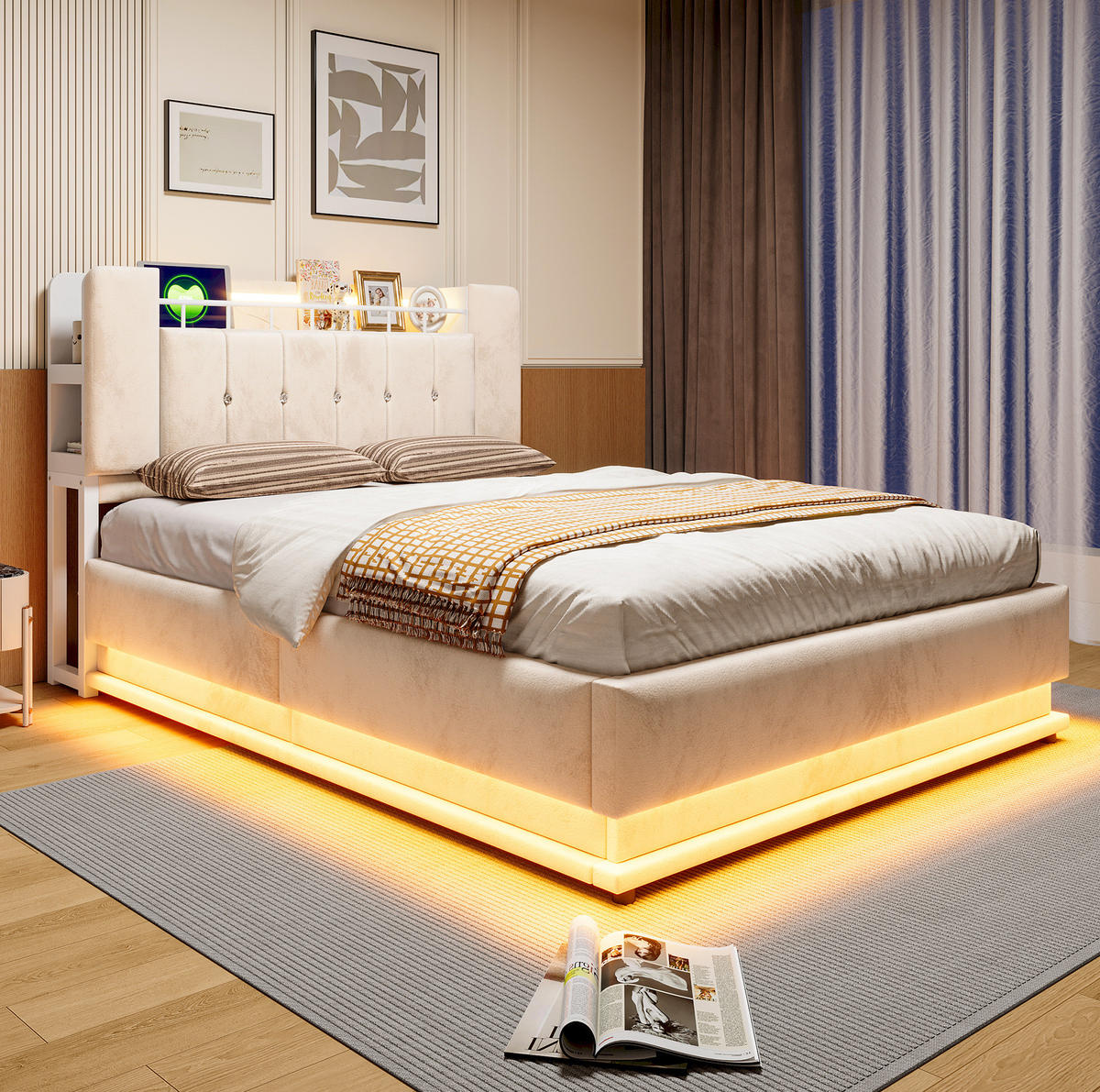 POLSTERBETT 140/200 cm in Beige mit LED-Beleuchtung und Stauraum - Beige, Textil (140/200cm) - Flora Grace