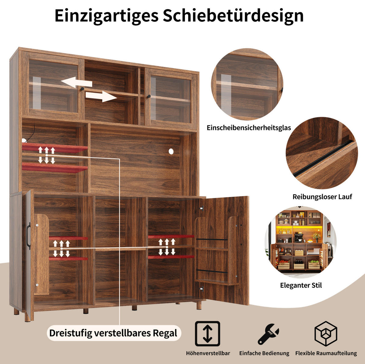 KREDENCA 140/40/185 cm iz MDF in stekla v orehovo rjavi barvi z LED-osvetlitvijo - črna/rjava, leseni material (140/185/40cm) - Modenvie