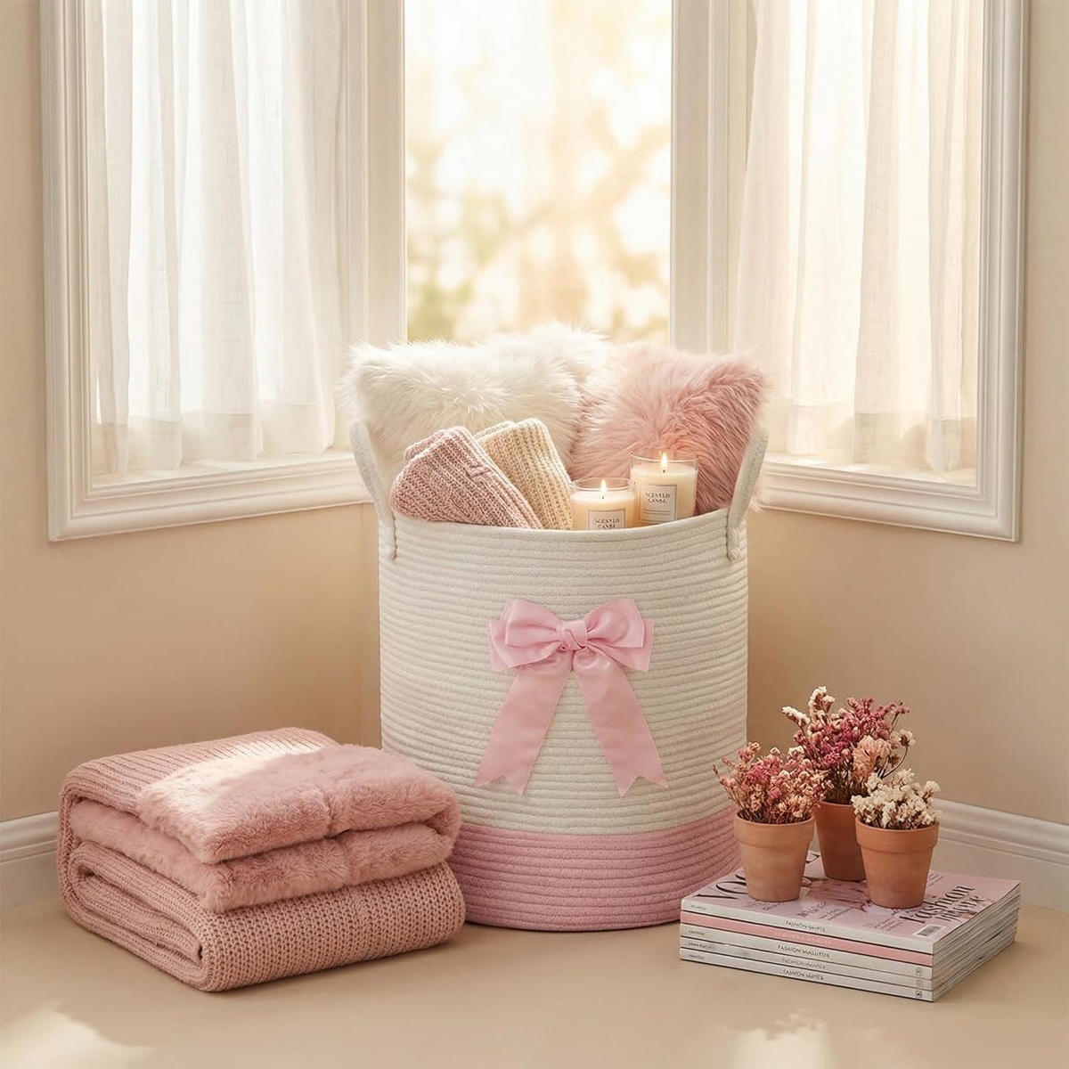 WÄSCHEKORB mit Schleife Rosa 38 x 45 cm - Rosa, Textil (38/45/38cm)