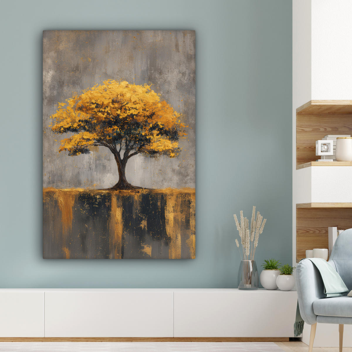 LEINWANDBILD Baum - Blätter - Gold - Abstrakt Deko Groß 90x140 cm - Grau, Textil (90/140cm) - MuchoWow