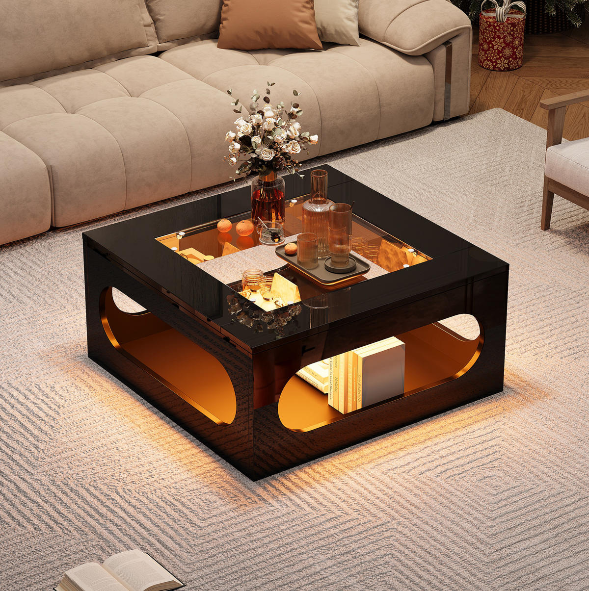 COUCHTISCH 70/70 cm mit LED-Beleuchtung und Ablagefach, Glasplatte, Schwarz - Schwarz, Holzwerkstoff (70/70/35cm) - BEAOK