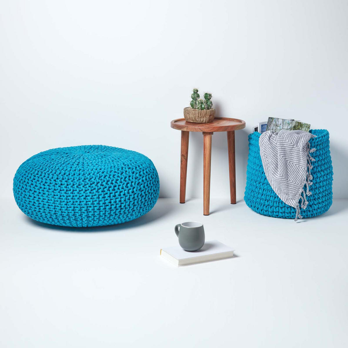 STRICK-POUF türkis, Bodenkissen rund 70/70/23 cm - Türkis, Textil (70/23/70cm) - Homescapes