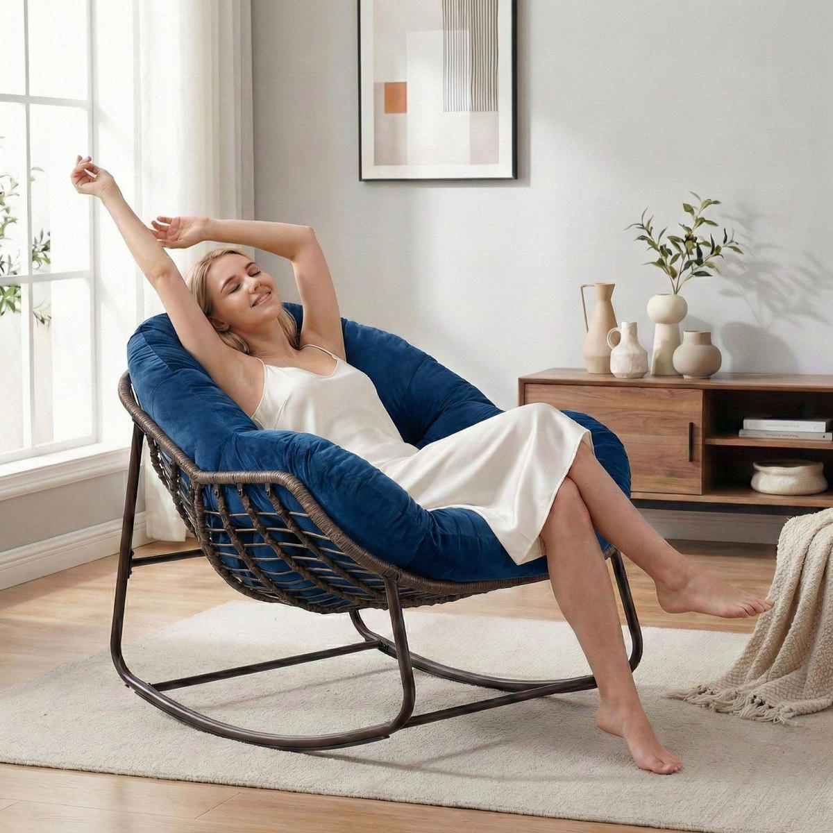 SCHAUKELSTUHL Schaukelsessel,Rattanstuhl mit Stahlrahmen,Blau-Samt - Blau, Metall (94.5/80/111cm) - LVHOM