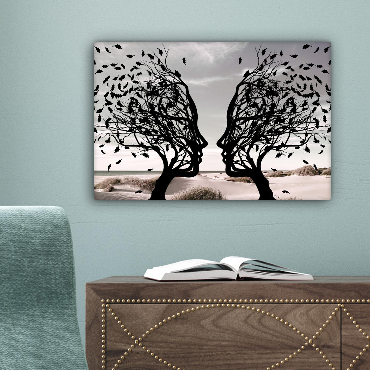 LEINWANDBILD Strand - Meer - Menschen - Baum - Moderne Kunst Deko Schlafzimmer 30x20 cm - Hellgrau, Textil (30/20cm) - MuchoWow