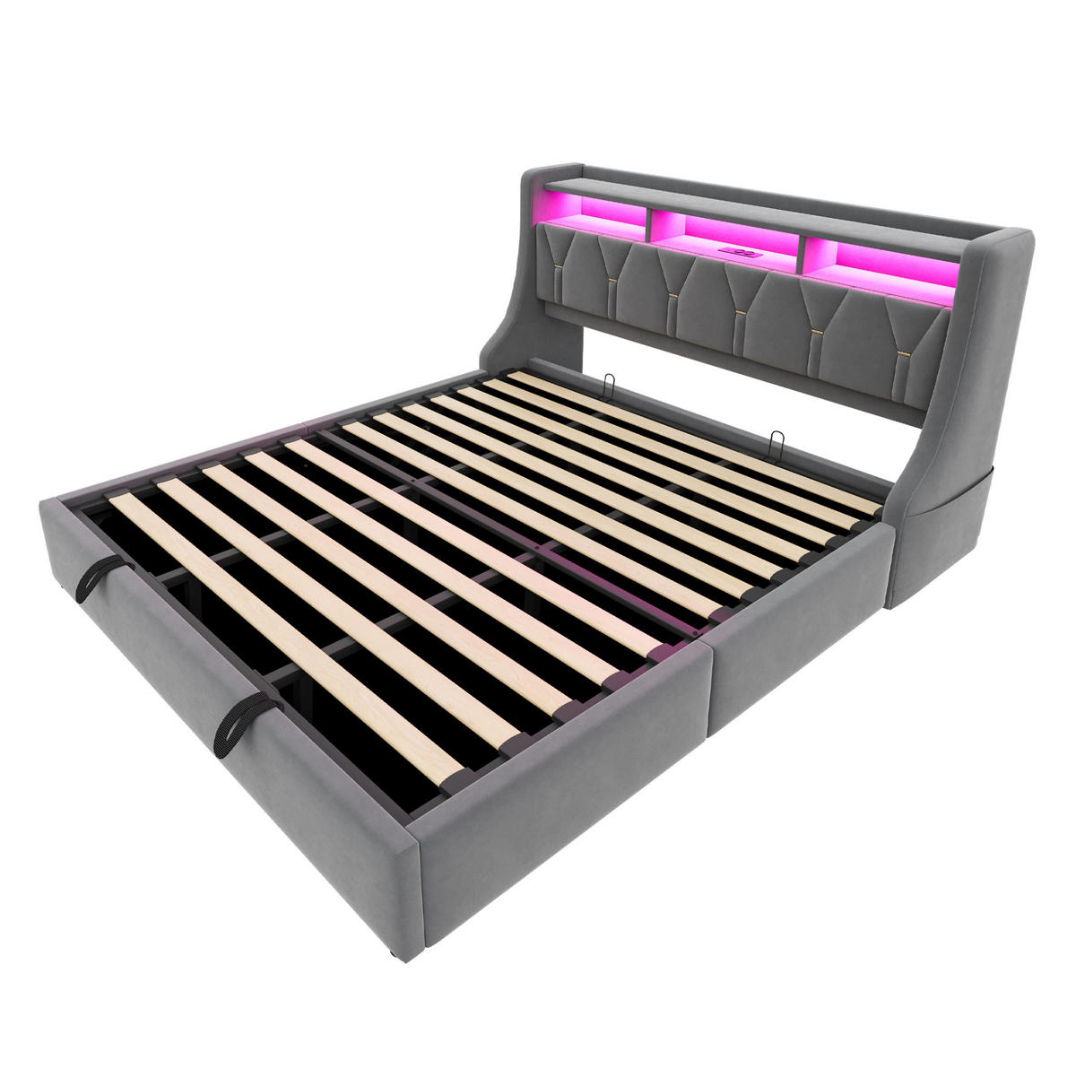 POLSTERBETT mit Stauraum 180x200 cm Samt Grau mit LED - Grau, Metall (180/200cm) - Meubliv