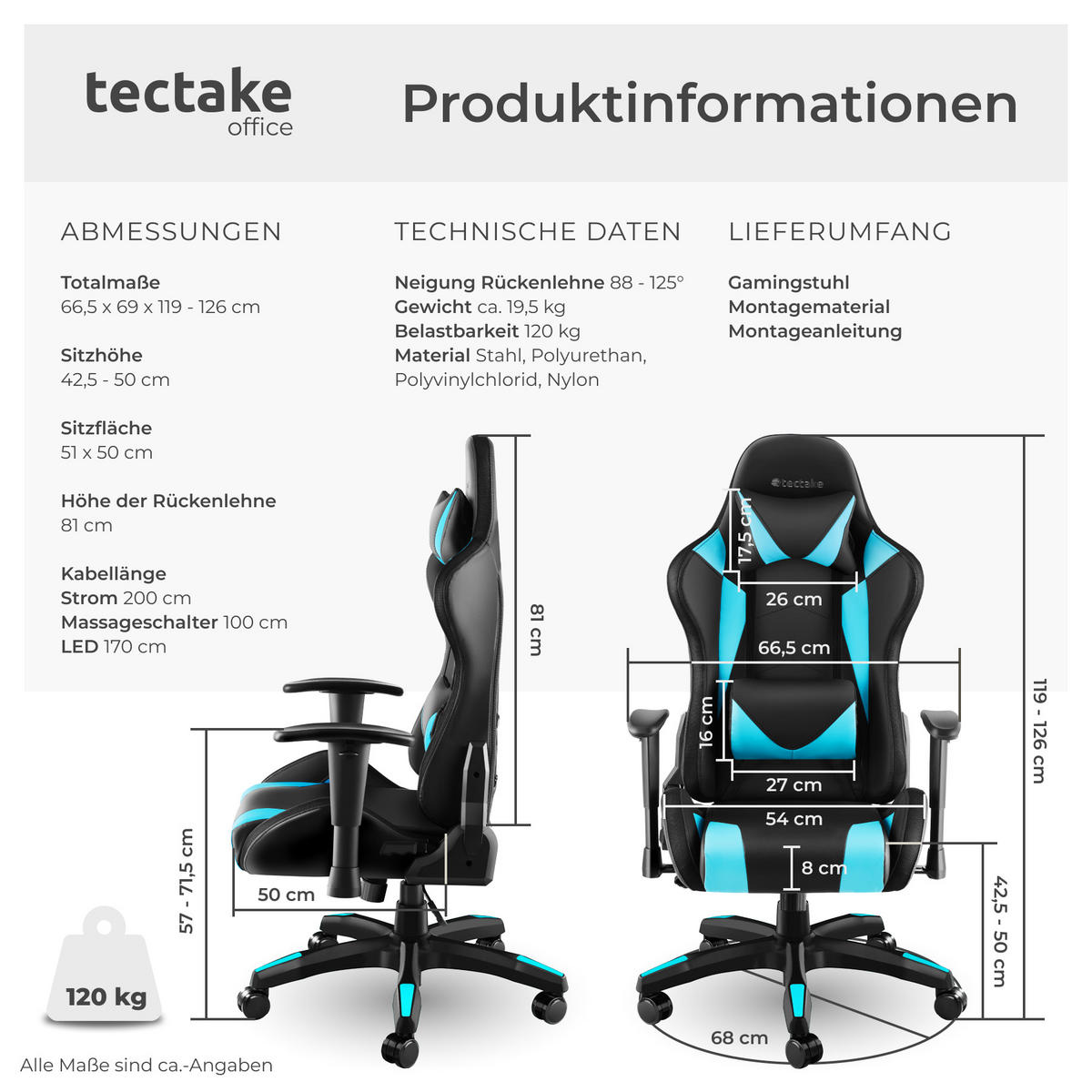 GAMINGSTUHL Tartaros,dicke Polsterung, Belastbarkeit 120 kg,schwarz/azur - Schwarz/Hellblau, Textil (66.5/126/69cm) - tectake