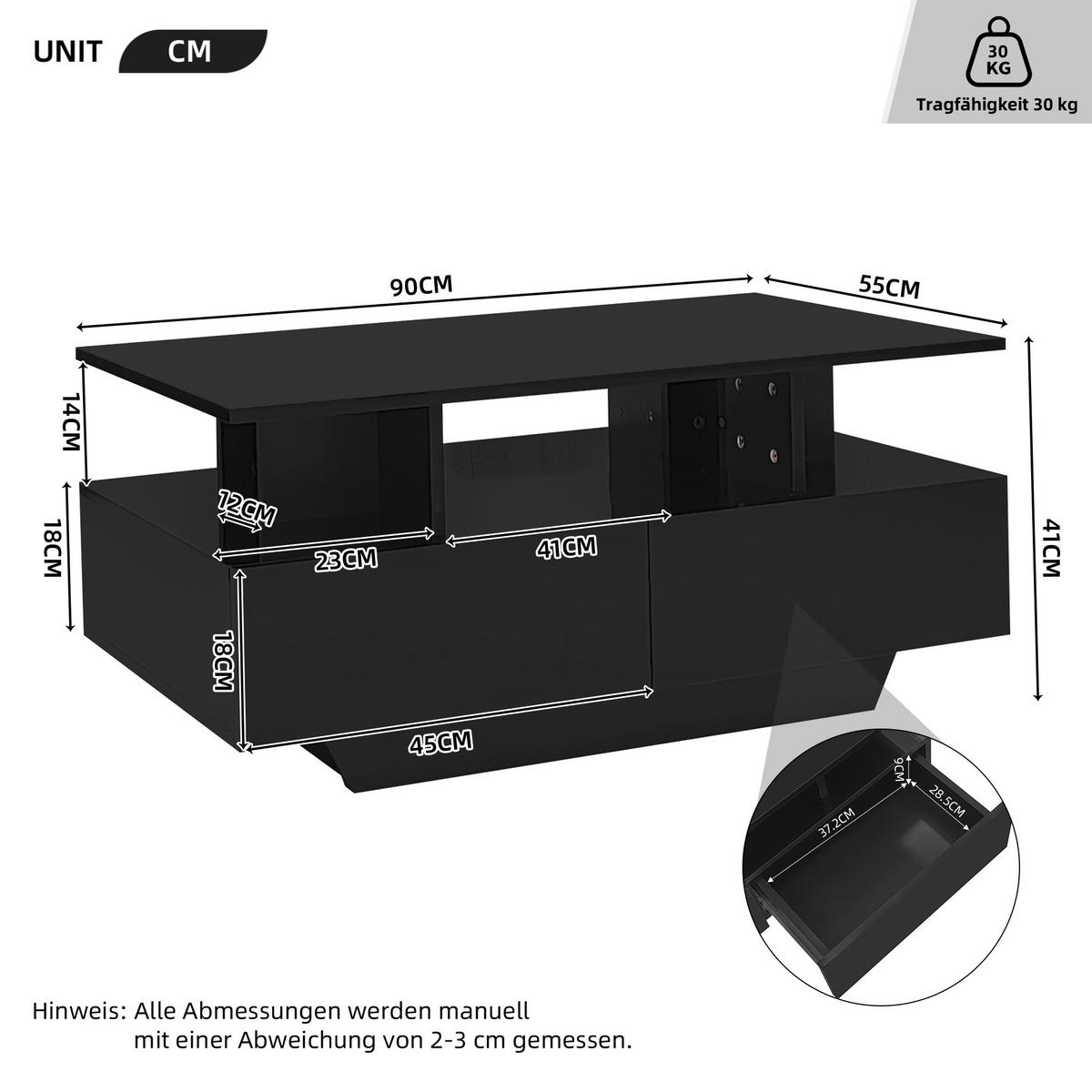 COUCHTISCH aus Spanplatte 90x55x41 cm in Schwarz mit LED-Beleuchtung - Schwarz, Holzwerkstoff (90/55/41cm) - Modfu