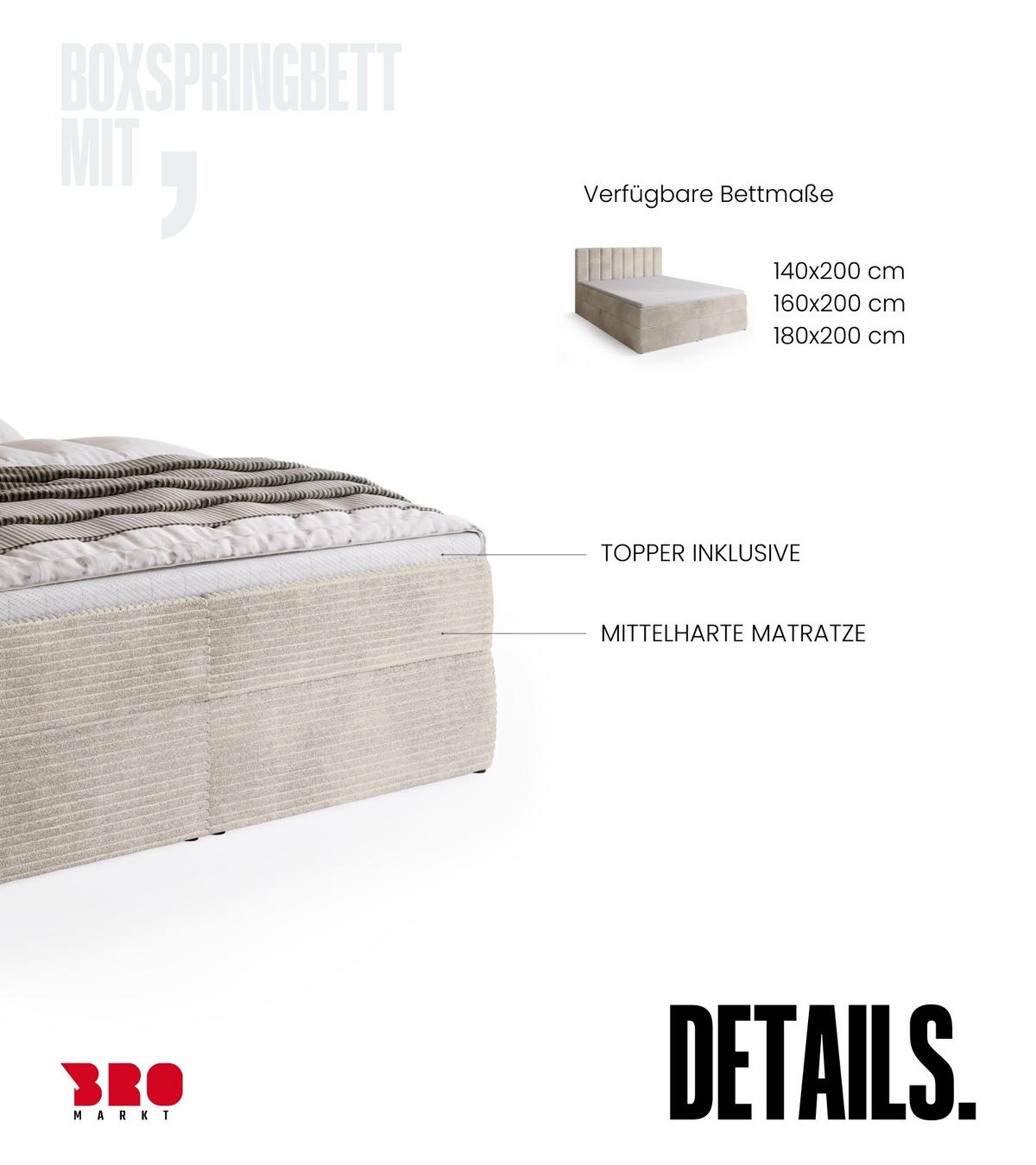 BOXBETT DENVER mit Topper 140x200 Vanille - Creme, Textil (140/200cm) - Bromarkt