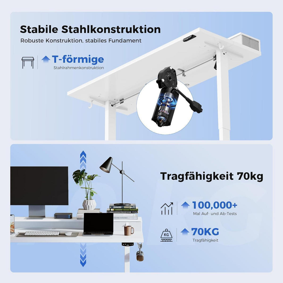 SCHREIBTISCH Höhenverstellbar Elektrisch mit 2 Schubladen 100 x 60 cm Weiß - Weiß, Holzwerkstoff (100/60/75cm)