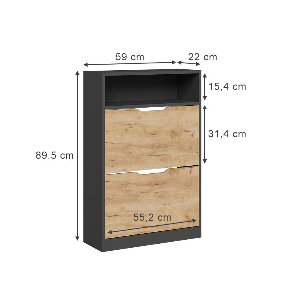 SCHUHKIPPER Luca Anthrazit/Goldkraft Eiche 22 x 89.5 cm mit 2 Fächern - Anthrazit, Holzwerkstoff (59/89.5/22cm) - Vicco