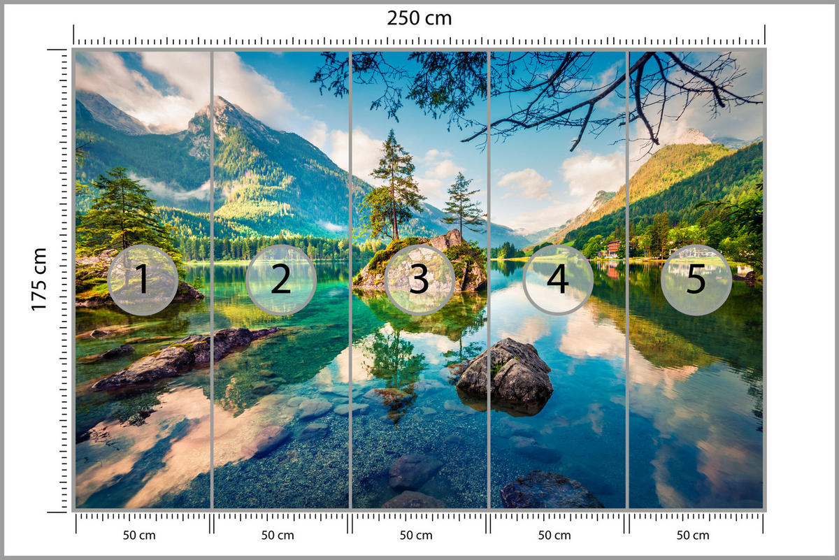 FOTOTAPETE für Schlafzimmer Bergsee Nadelbäume Felsen Natur Landschaft 250x175 - Türkis/Beige, Papier (250/175cm) - Muralo