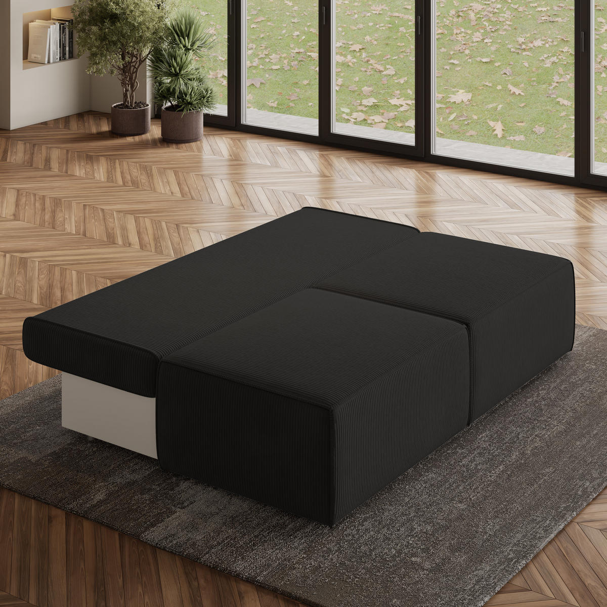 ECKSOFA VARNA P Schwarz Kordstoff mit Schlaffunktion - Schwarz, Holz (196/158cm) - MASSENO