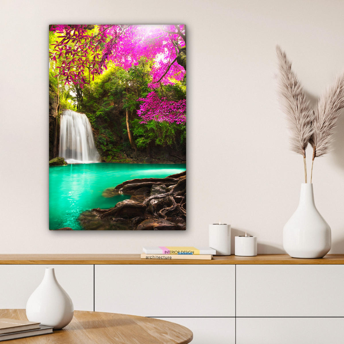 LEINWANDBILD Wasserfall mit bunten Blumen und Bäumen - Natur - Dschungel Wanddeko 40x60 cm - Waldgrün, Textil (40/60cm) - MuchoWow