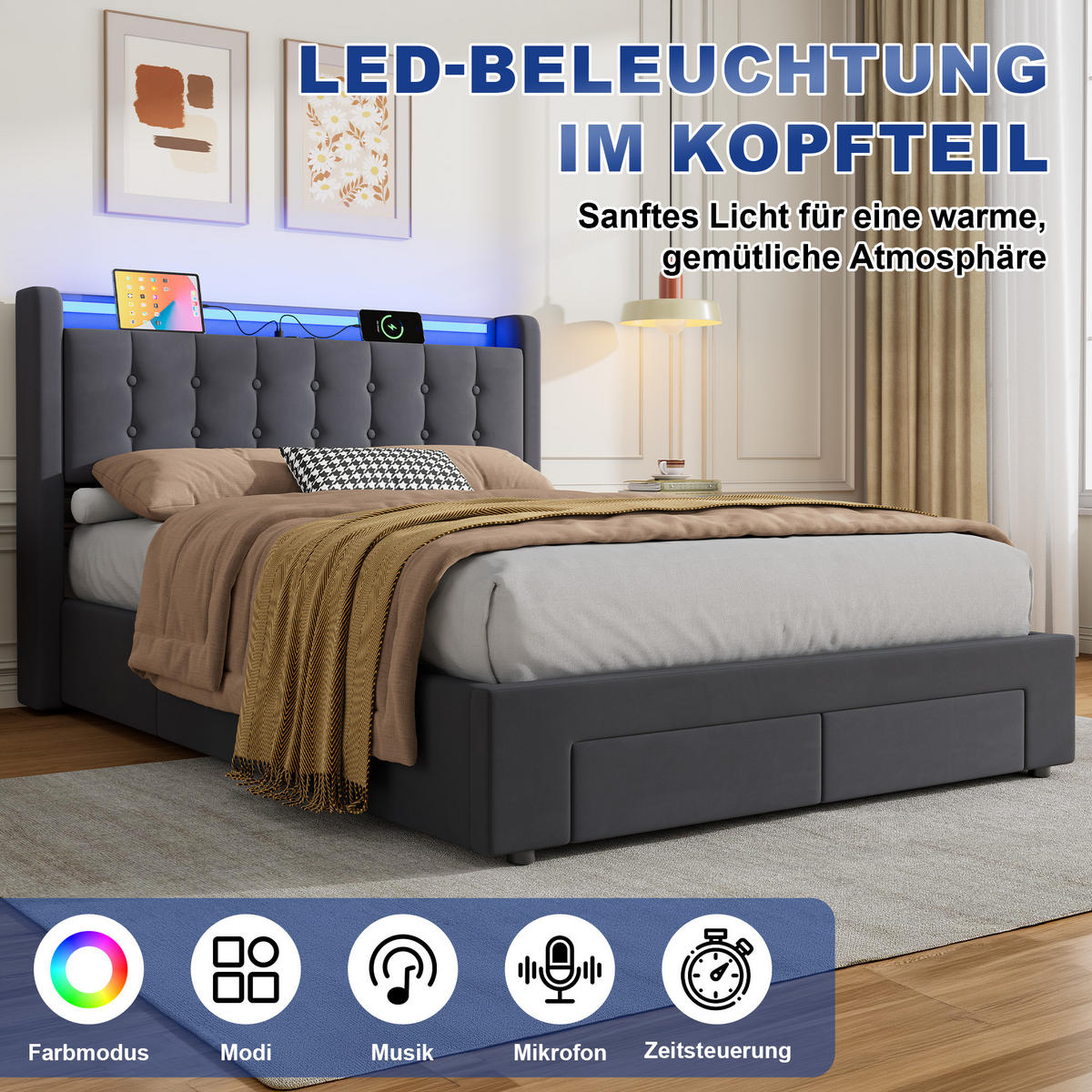 POLSTERBETT 140/200 cm mit Stauraum und Steckdose, mit Schubladen, ohne Matratze - Grau, Holzwerkstoff/Textil (140/200cm) - STILVORA