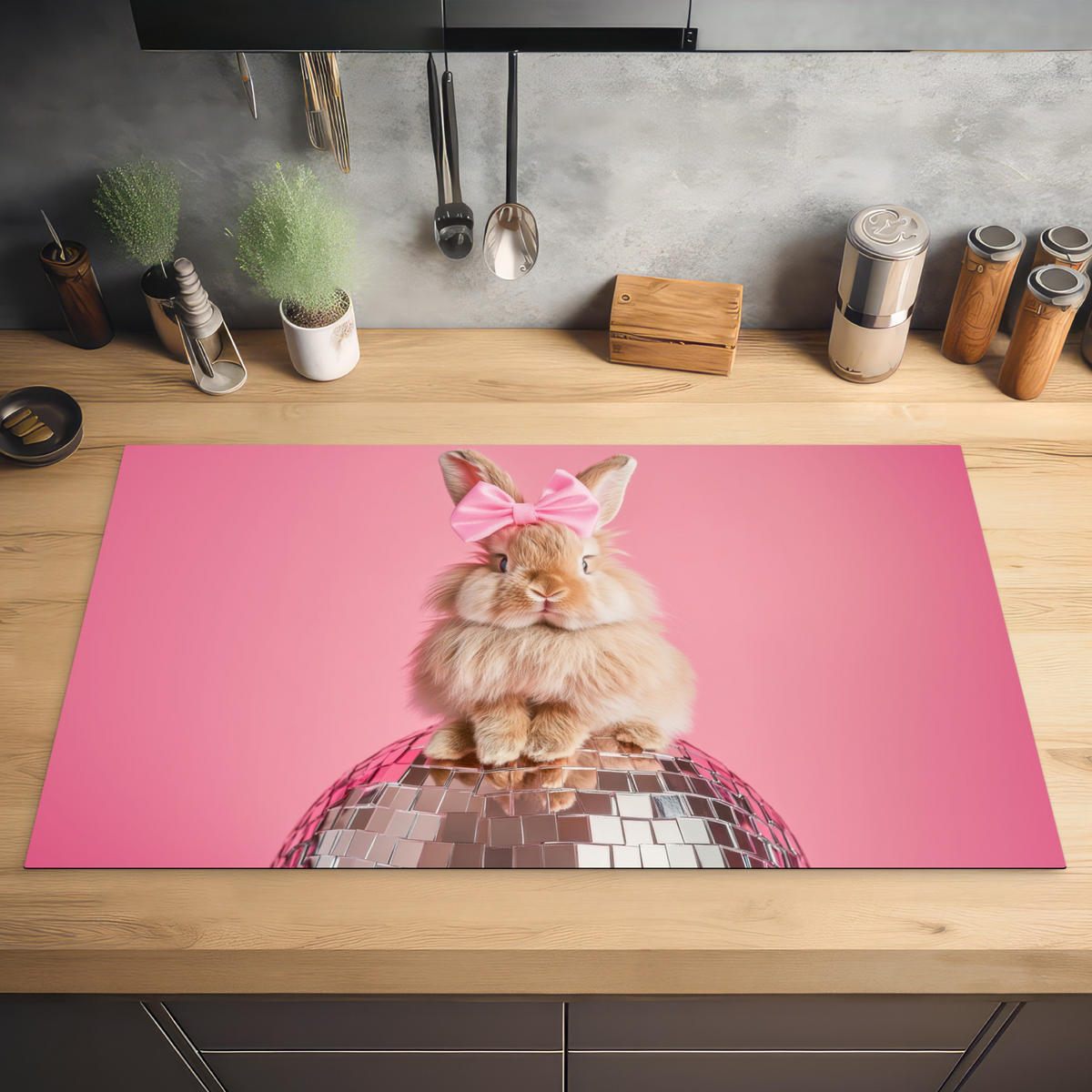 HERDABDECKPLATTE Schleife - Discoball - Kaninchen Ceranfeldabdeckung 90x52 cm - Pink, Kunststoff (90/52/0.2cm) - MuchoWow