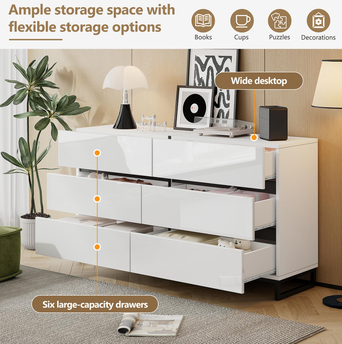 SIDEBOARD 140/39.5/78.5 cm Weiß/Schwarz aus Spanplatte mit 6 Schubladen - Weiß, Holzwerkstoff (39.5/78.5/140cm) - OKMYHOME