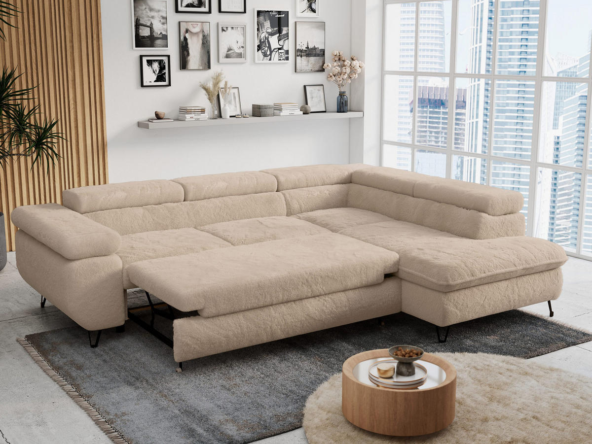 ECKSOFA PETER L Beige Plüsch - Rechts Seite - Beige/Schwarz, Textil/Metall (273/208cm) - MKS
