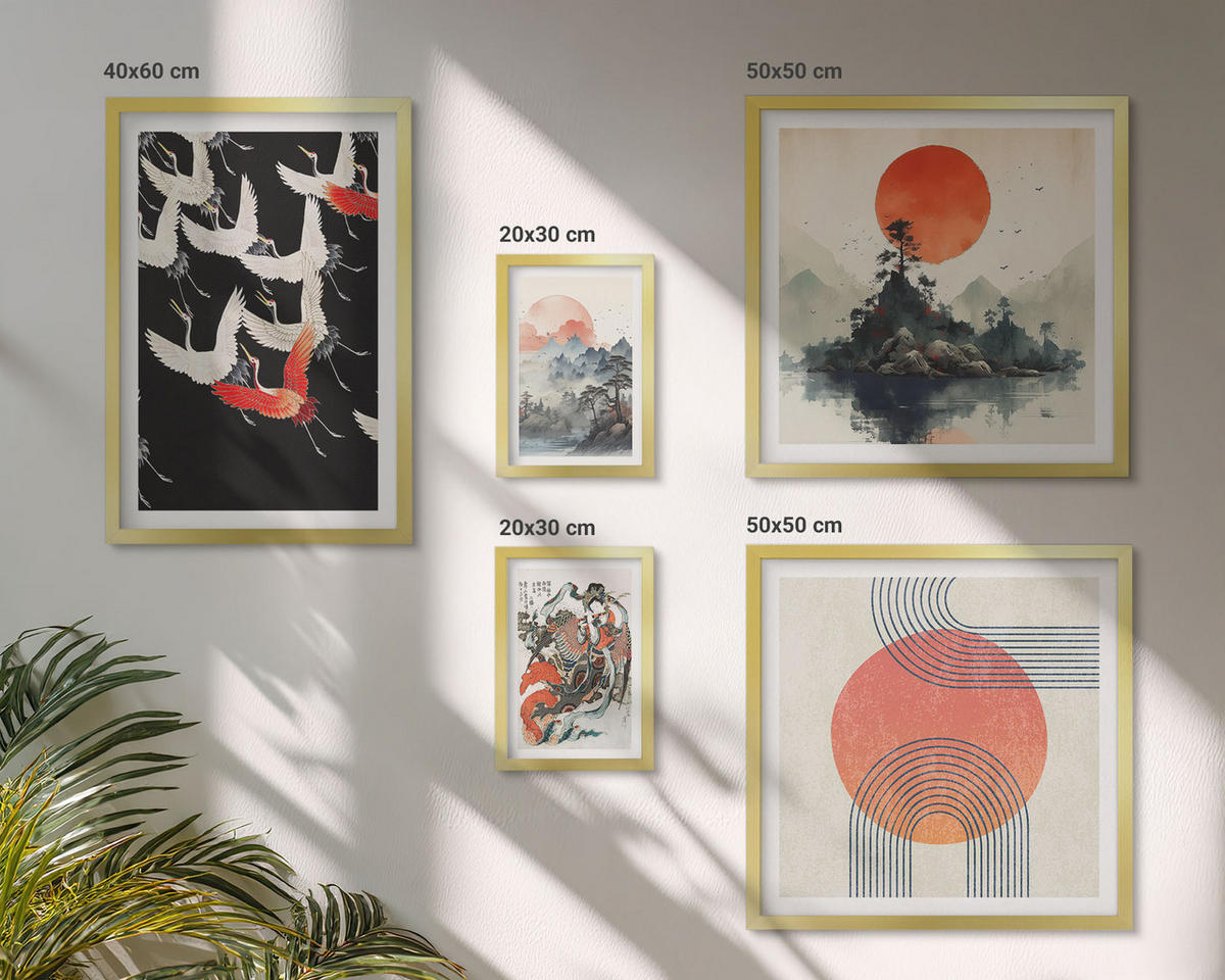 WANDBILDER 5er Set - 50x50 cm & 20x30 cm & 40x60 cm Goldrahmen - Asiatische Landschaften Japandi - Goldfarben, Kunststoff (40/60cm) - ArtPrintCave