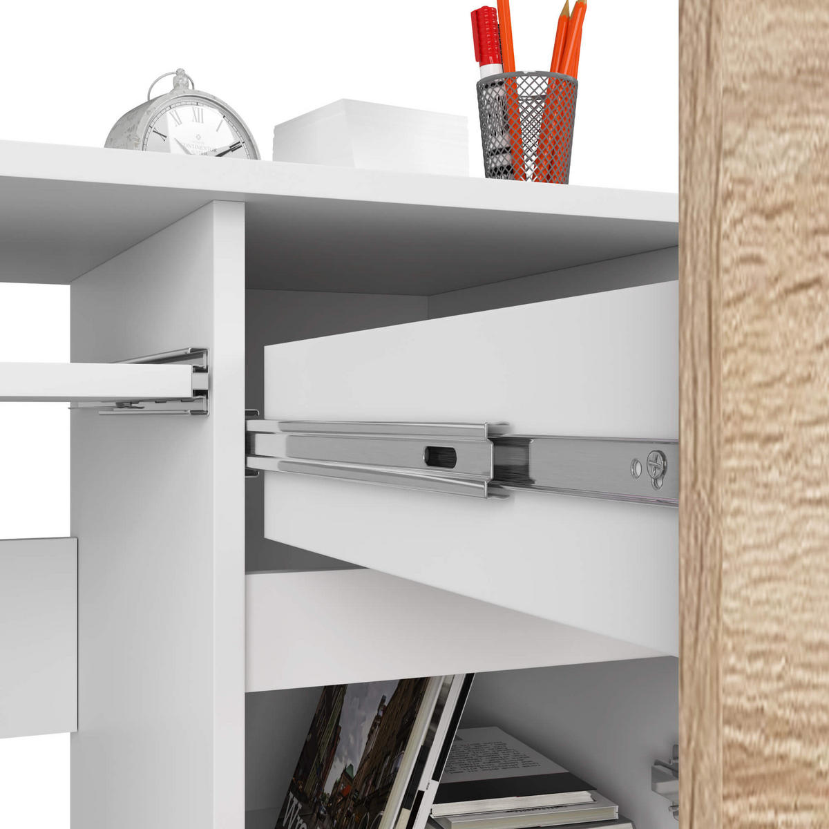 SCHREIBTISCH Weiß, Eiche Sonoma 77/90/50 - Weiß/Sonoma Eiche, Holzwerkstoff (50/90/77cm) - RAUMHIRSCH FURNITURE