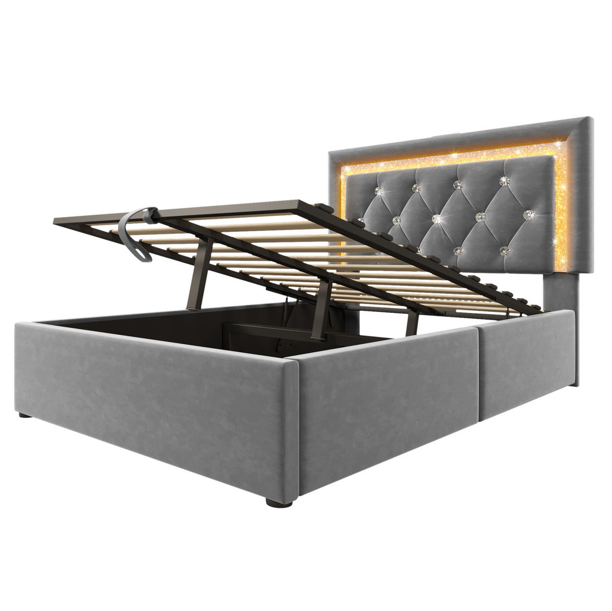 POLSTERBETT 90/200 cm mit LED-Beleuchtung, USB- und Type-C-Anschluss, Bettkasten und Matratze, Grau - Grau, Textil (90/200cm) - Redom
